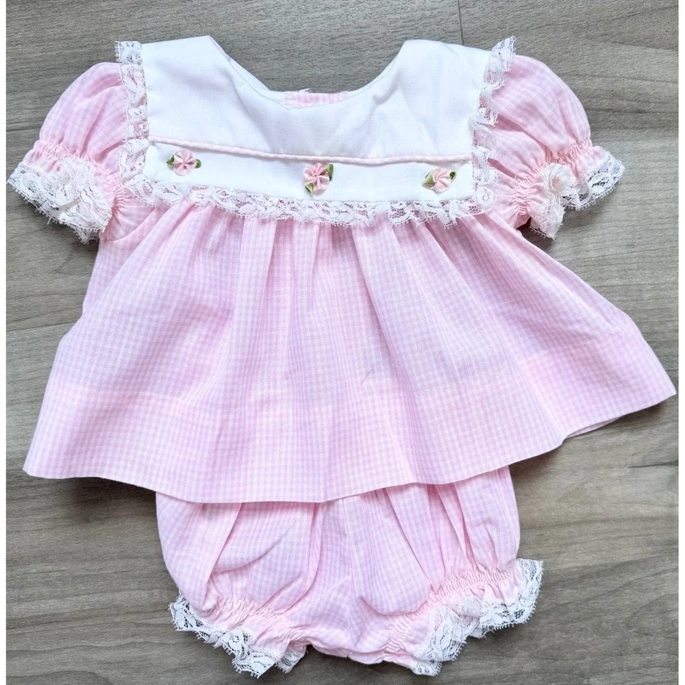 Vintage Bryan Pink Gingham Dress Bloomers Set Lace Rose Newborn 0-3 Months